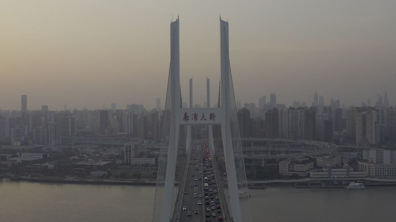 上海黄浦大桥日落航拍
