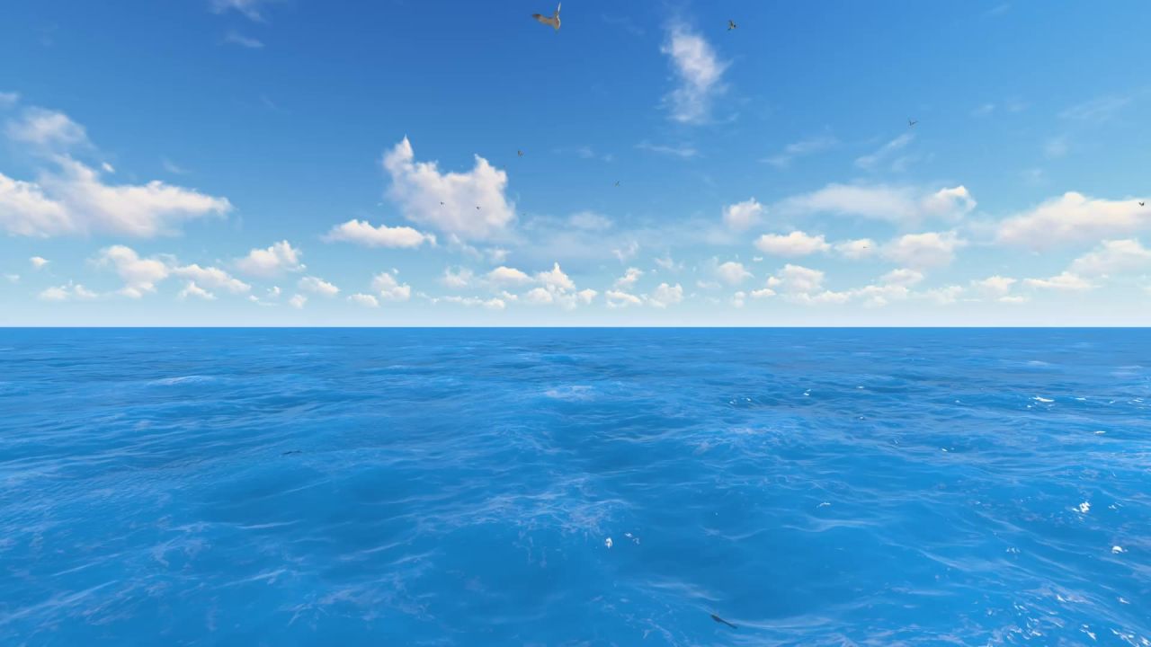 大海蓝天白云海鸟游鱼