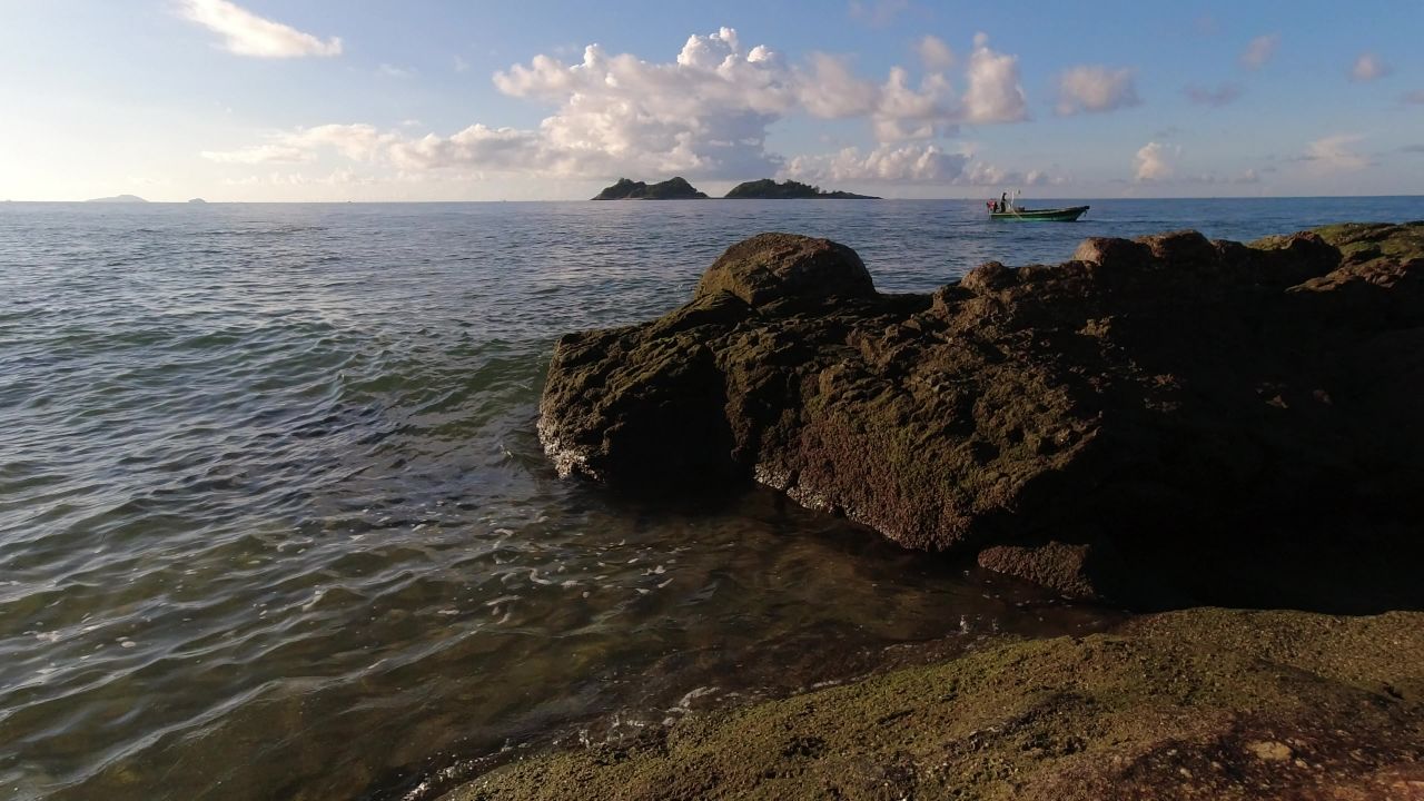 清晨的海边，海上的渔船
