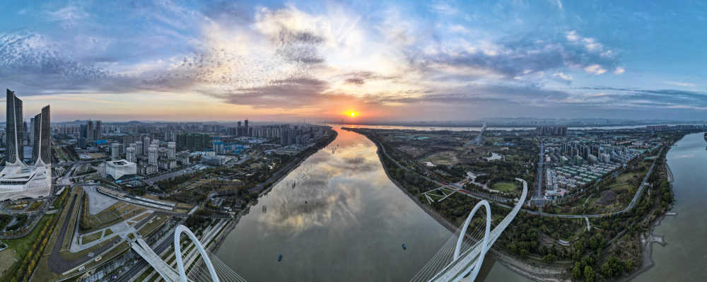航拍南京长江日落晚霞夕阳