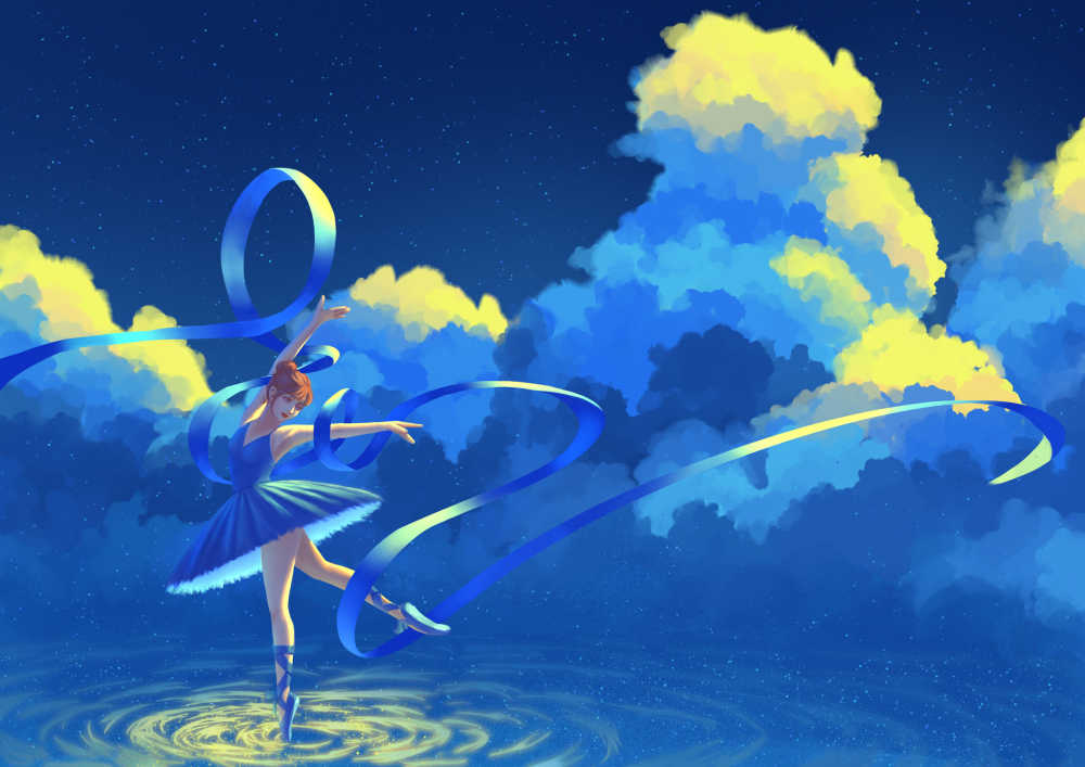 夜晚下在海边云朵下跳芭蕾舞飘带的少女