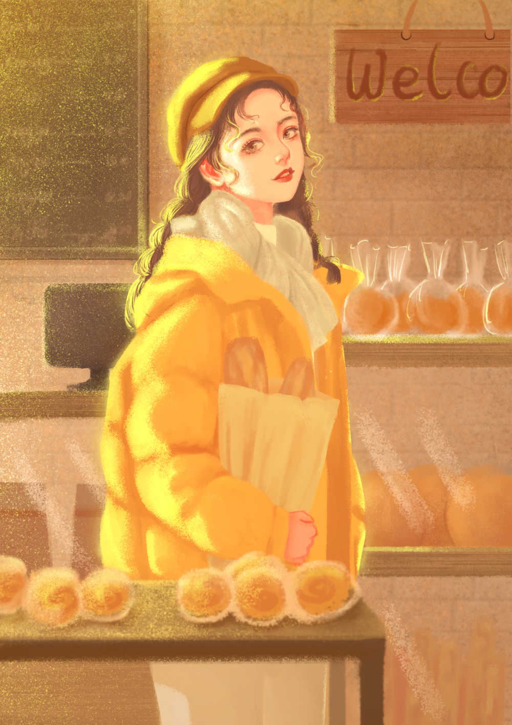 冬日面包店羽绒服编发少女插画