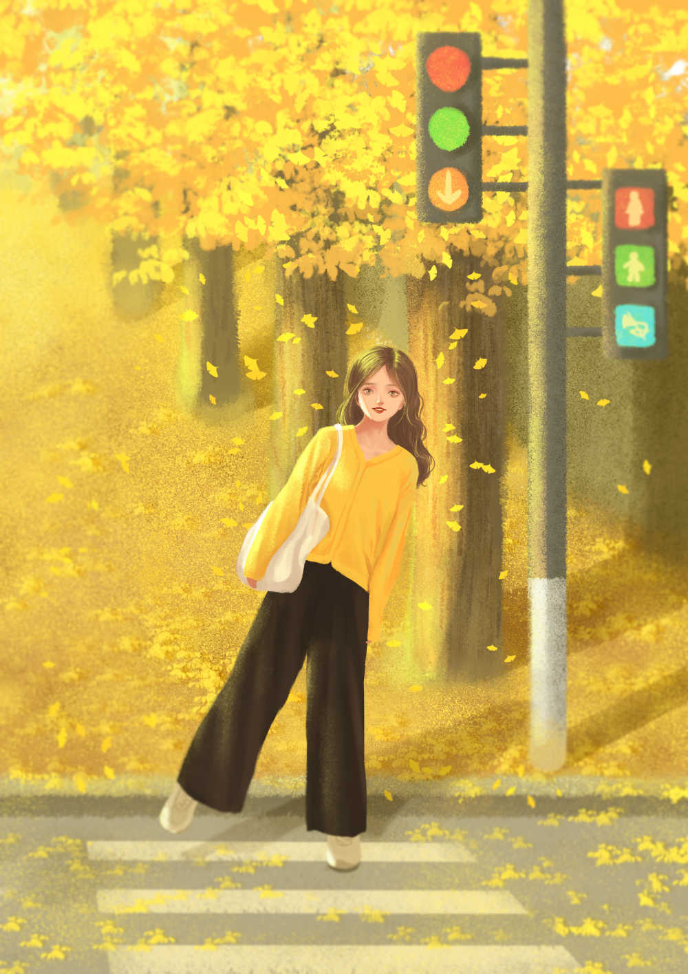 秋日银杏街道黄色毛衣少女插画