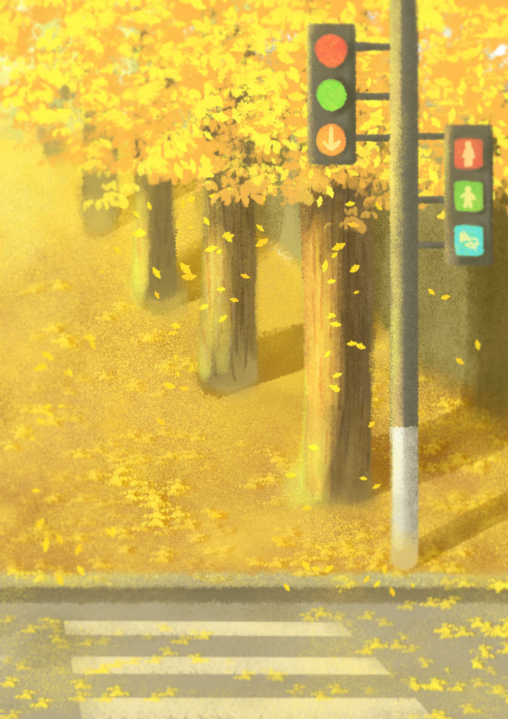 秋日银杏街道道路户外场景插画 风格