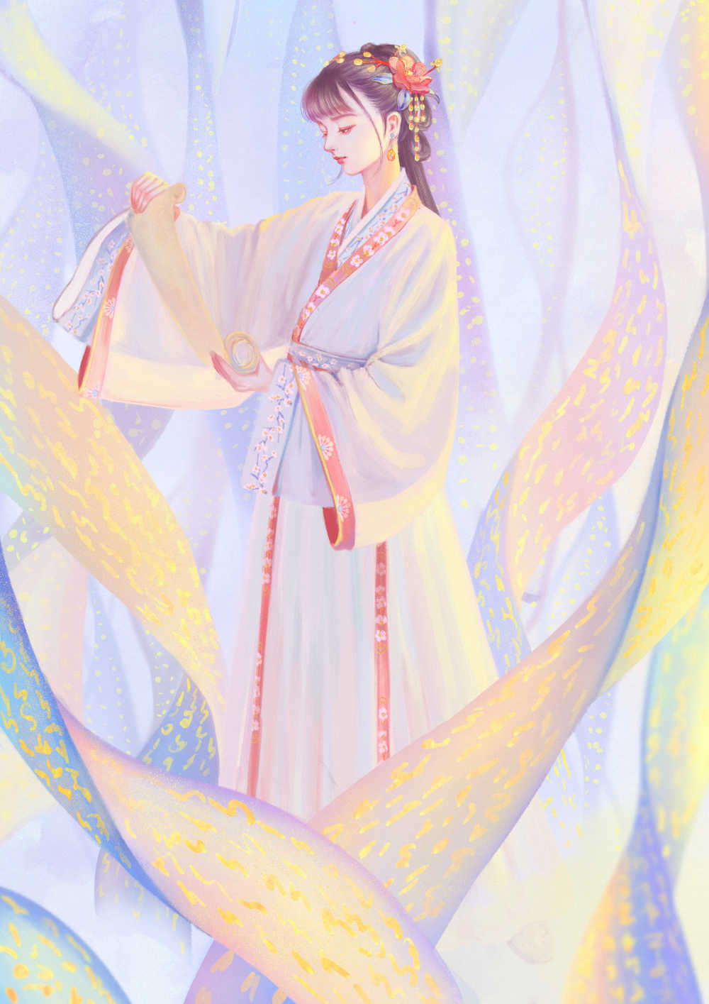 手持打开卷轴古风汉服少女插画