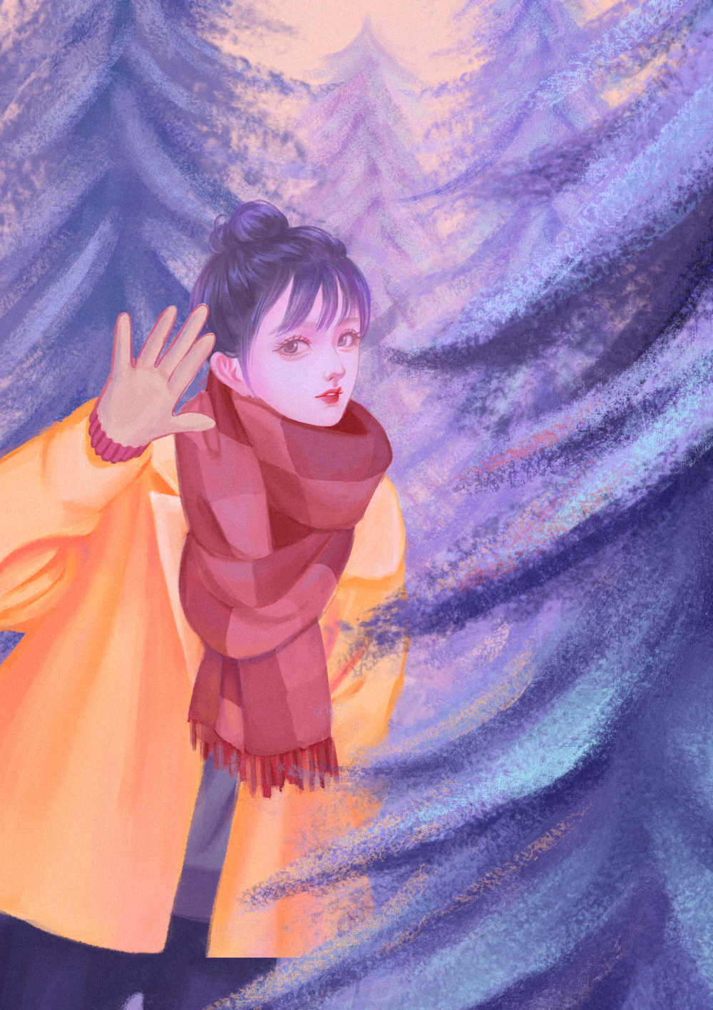 穿黄衣服戴围巾在雪后松树下打招呼的少女