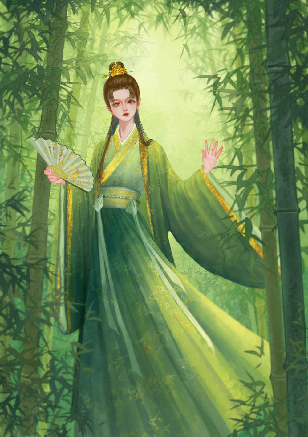 户外古风汉服少女站在绿色的竹林插画