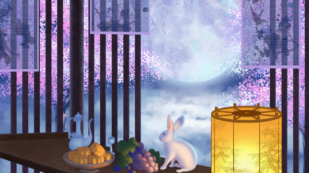 中秋节玉兔糕点葡萄美酒灯笼无人场景