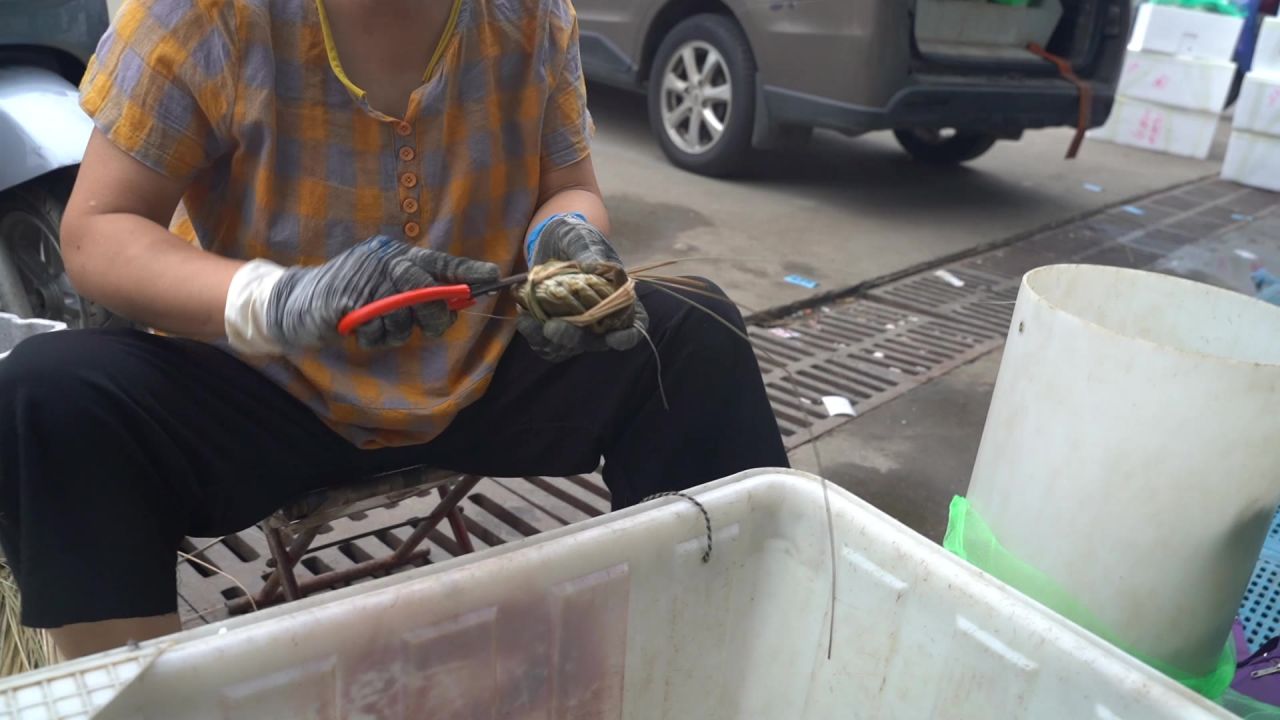 螃蟹市场上的扎蟹女工