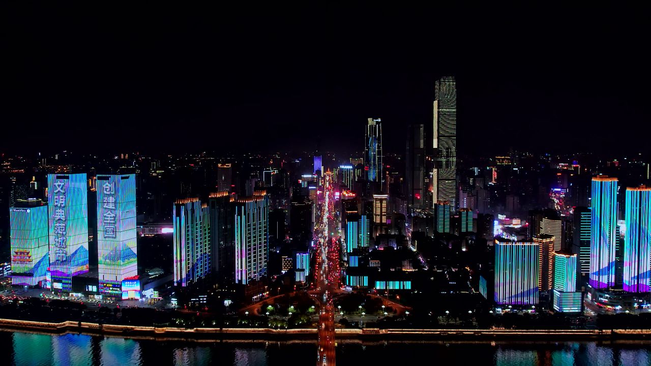 长沙城市夜景建筑风光航拍视频