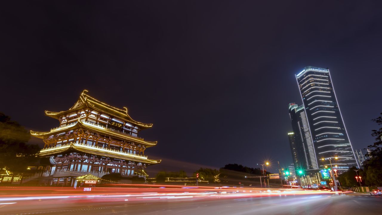 湖南长沙杜甫江阁夜景延时摄影