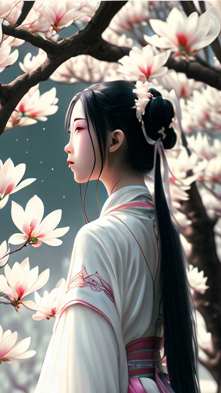 汉服少女与粉色玉兰花