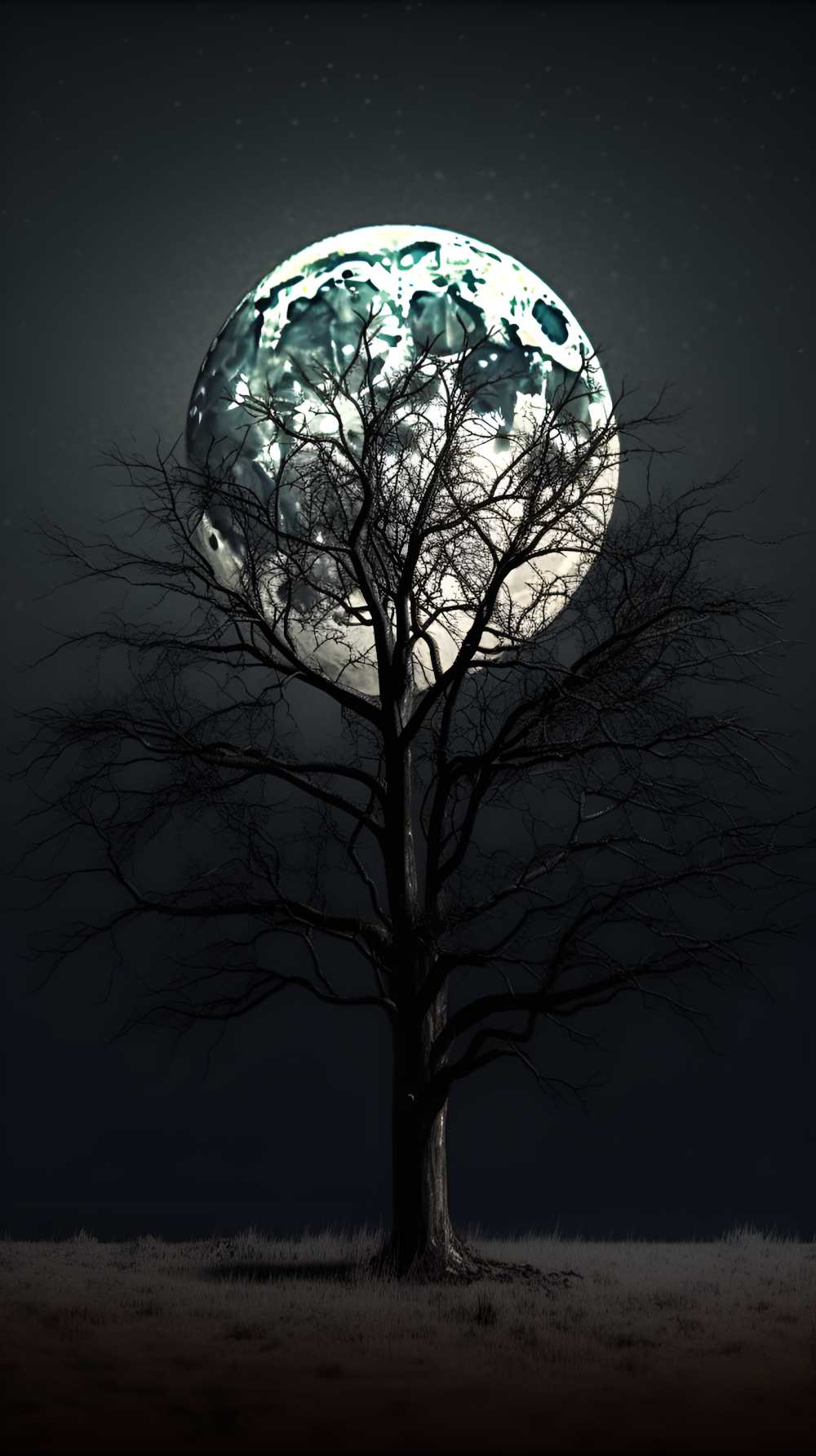 没有叶子的树和月亮夜景