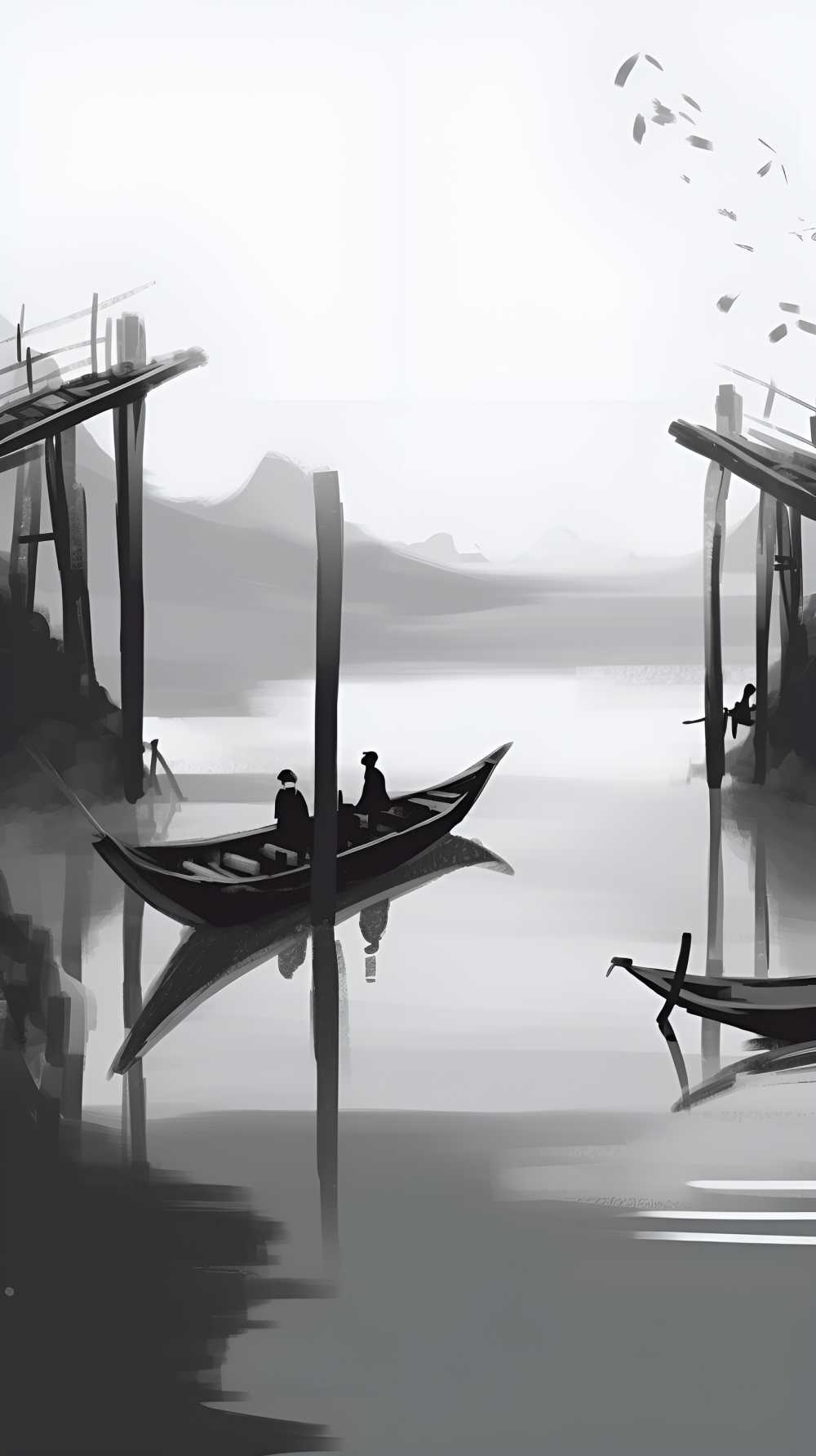 古风黑白桥山水画