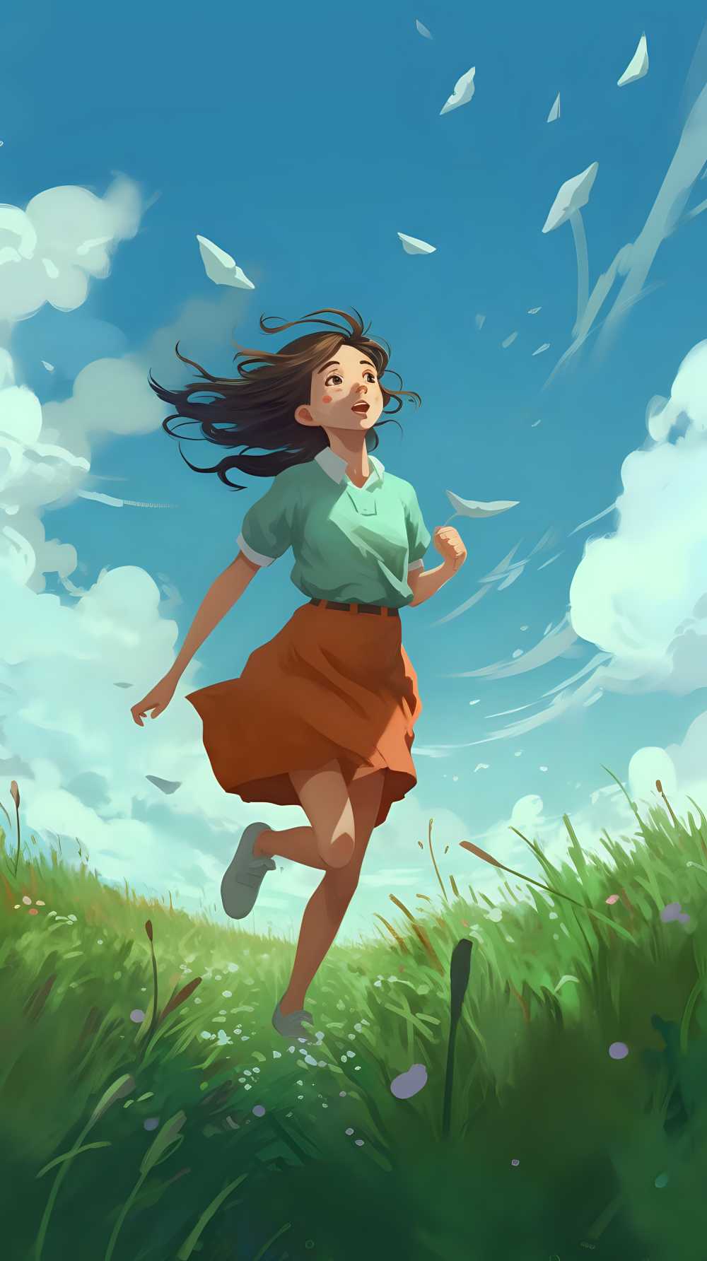 女孩在绿色的田野上奔跑