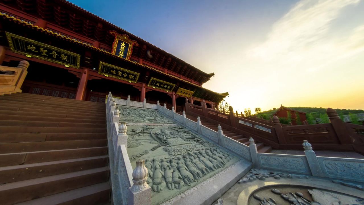 寺庙观音殿光影日出延时