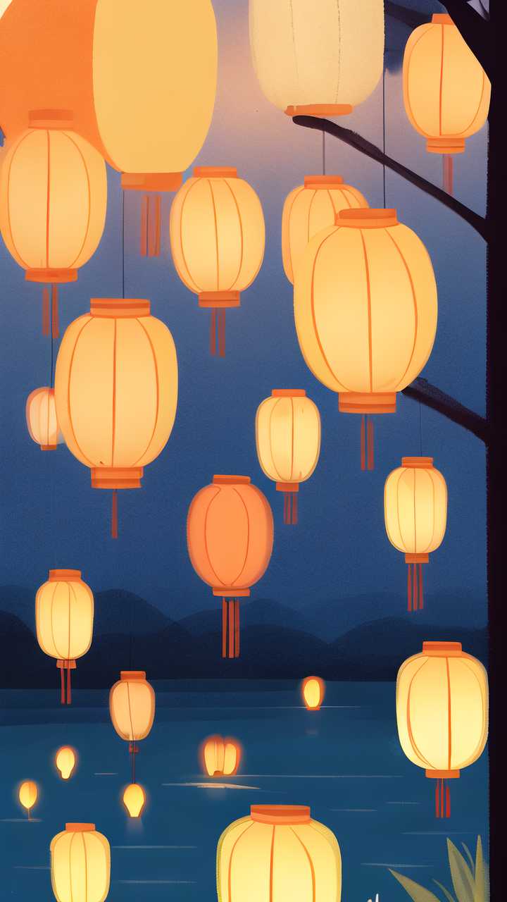 唯美中元节河灯原创插画素材背景