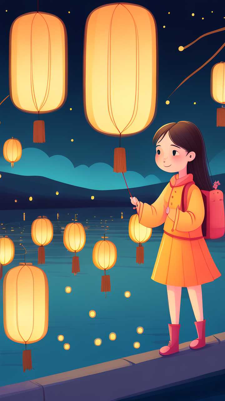 唯美中元节河灯原创插画素材背景