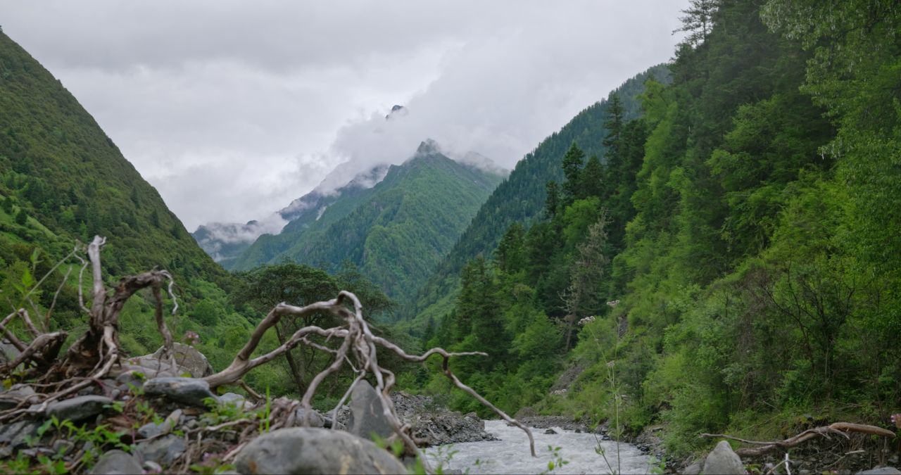 川西山谷云雾雪山自然风光实拍航拍壮观大气视频