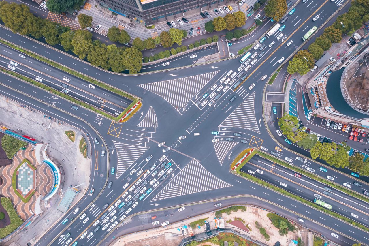 十字路口车流量航拍延时