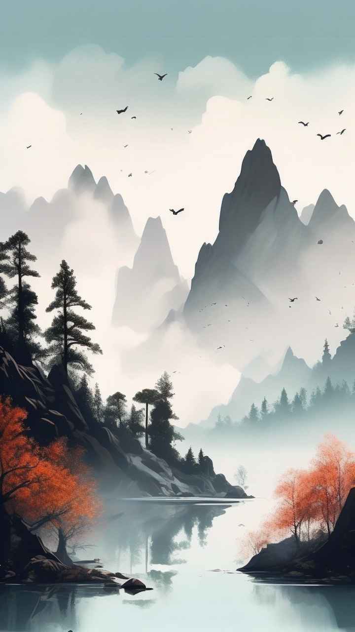 国风水彩画山水风景插画 8