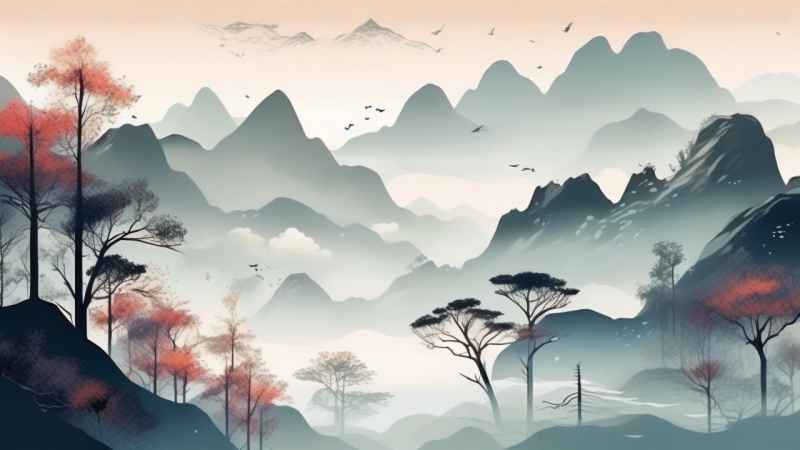 国风水彩画山水风景插画 33