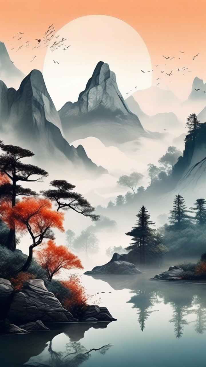 国风水彩画山水风景插画 41