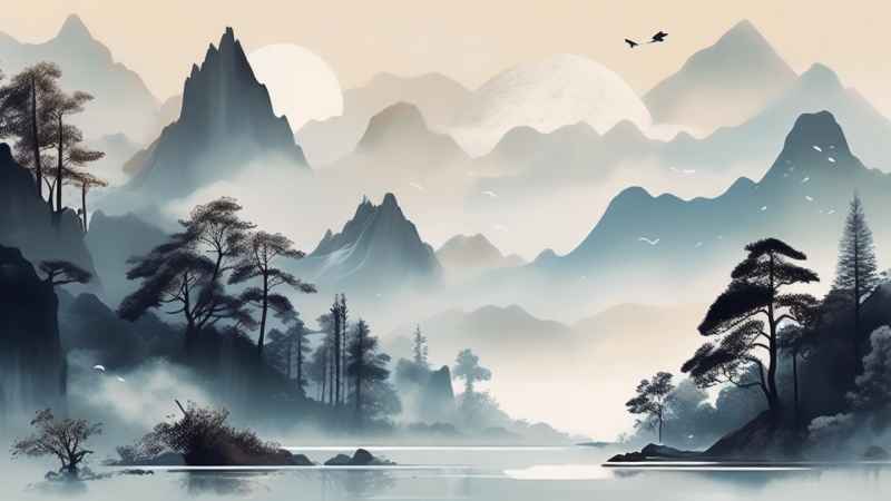 国风水彩画山水风景插画 45