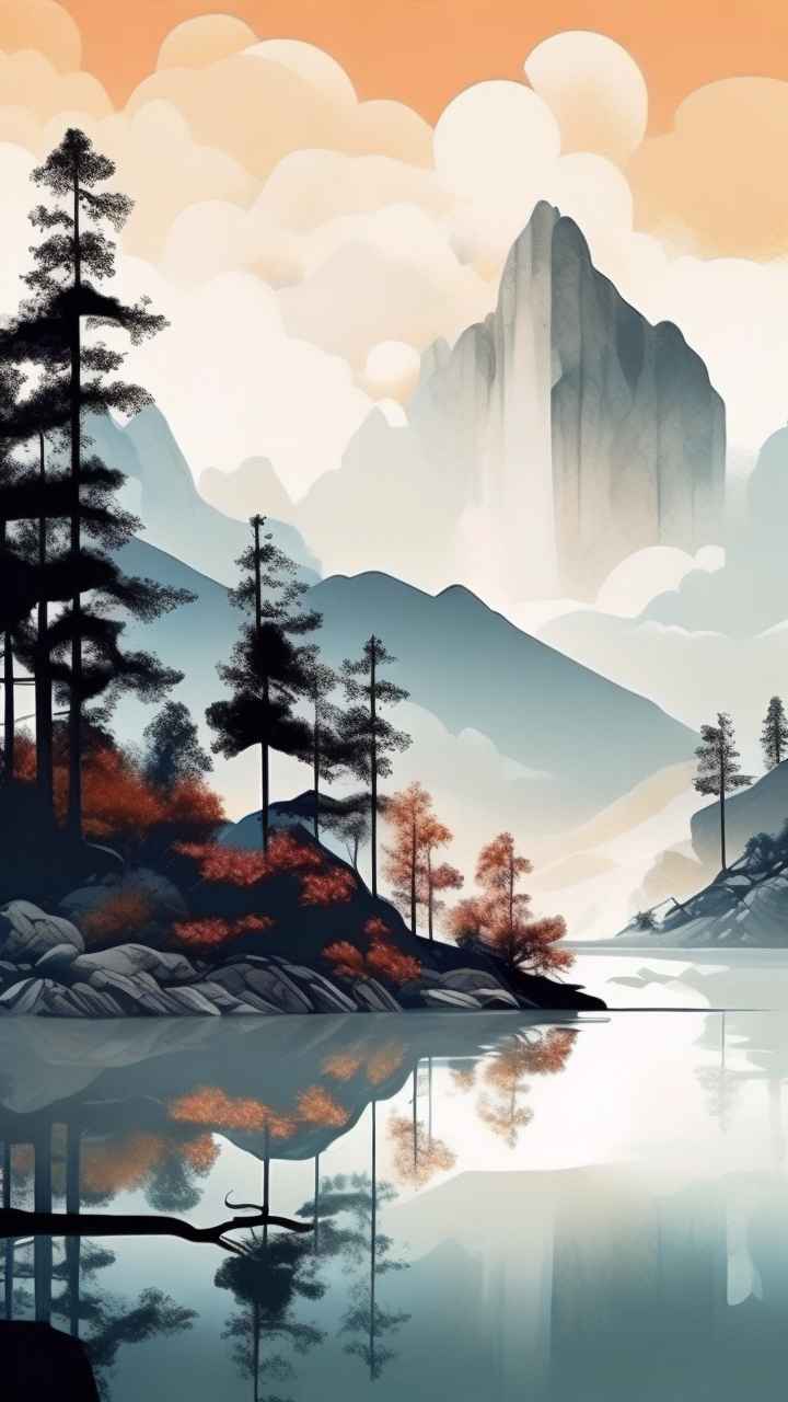 国风水彩画山水风景插画 76