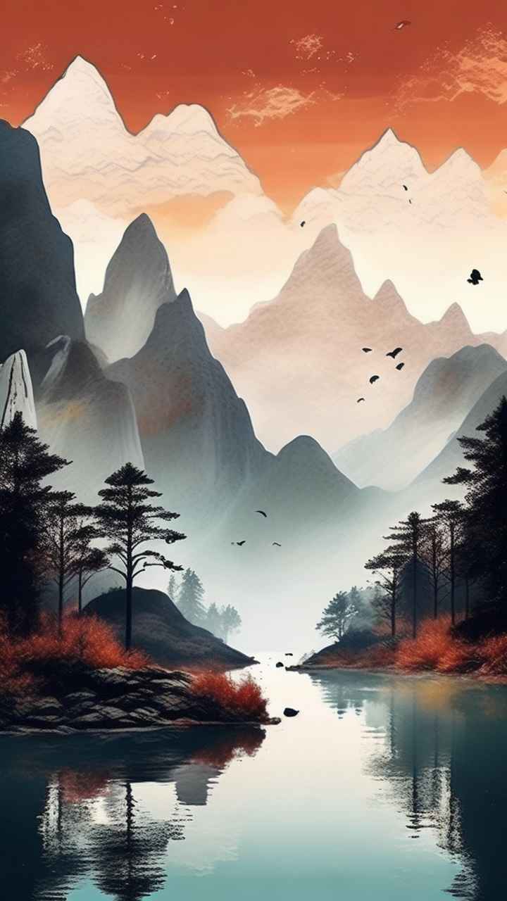 国风水彩画山水风景插画 111