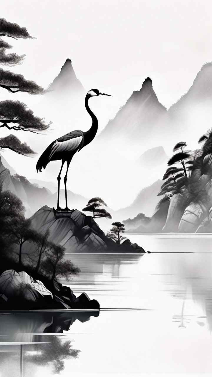 国风山水鹤插画背景 29