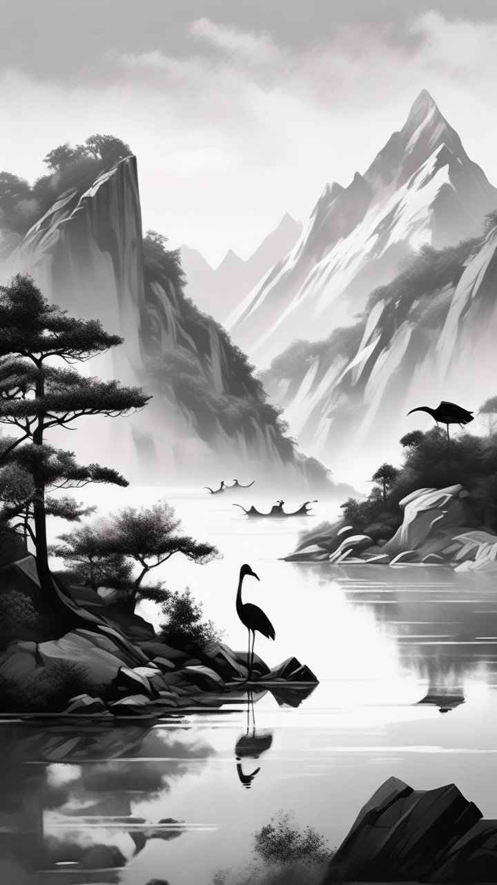 国风山水鹤插画背景 55