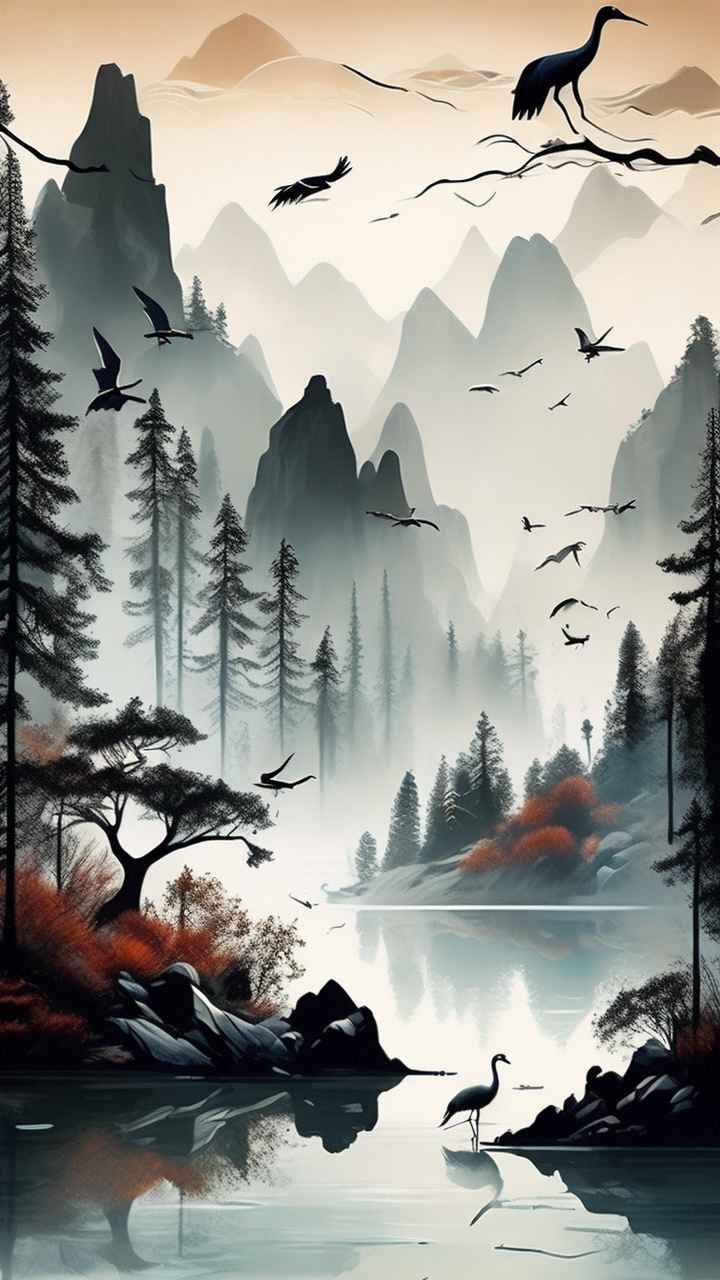 国风山水鹤插画背景 66