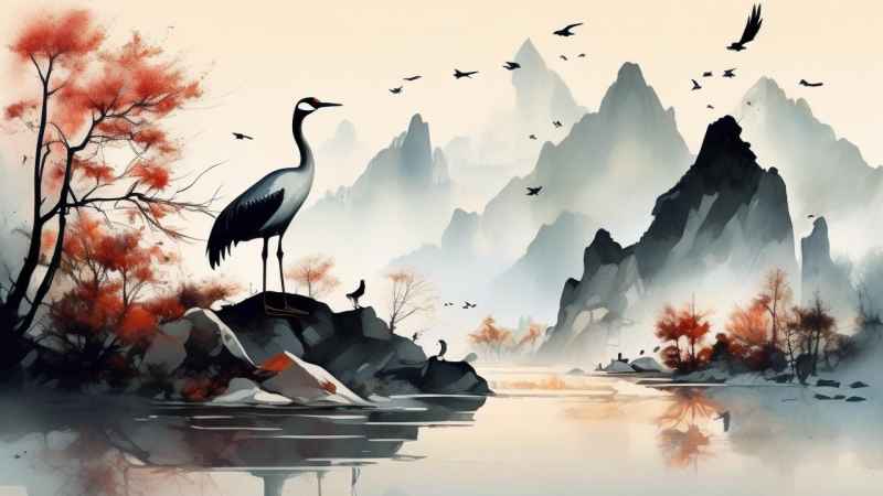 国风山水鹤插画背景 80