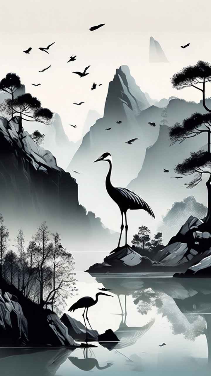 国风山水鹤插画背景 92
