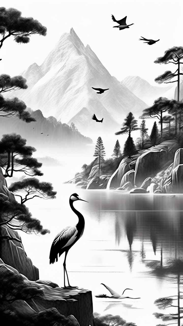 国风山水鹤插画背景 100