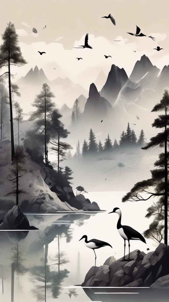 国风山水鹤插画背景 99
