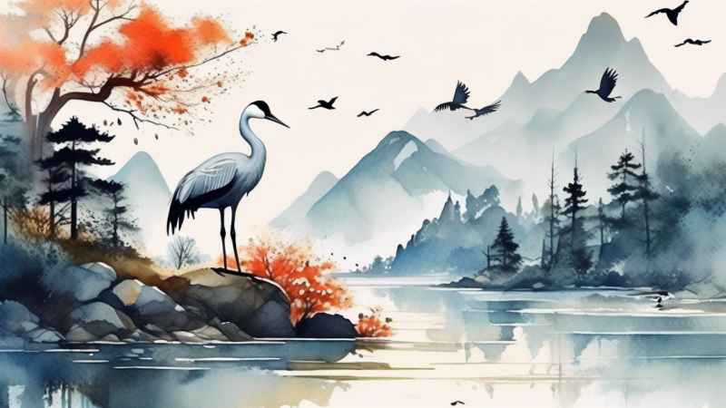 国风山水鹤插画背景 105