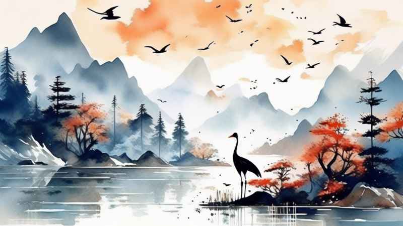 国风鹤山水风景插画 1