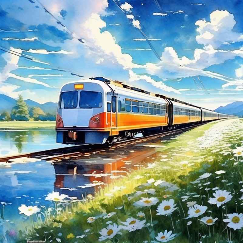 一辆火车在春天里行驶