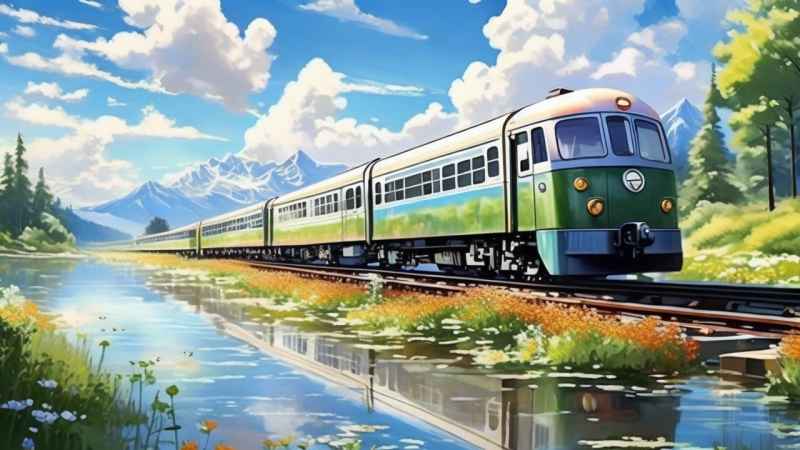 一辆火车在春天里行驶