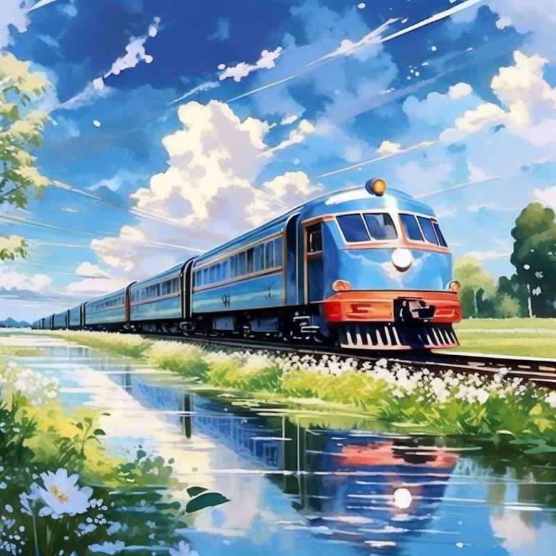 一辆火车在春天里行驶