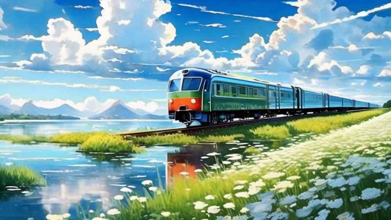 一辆火车在春天里行驶