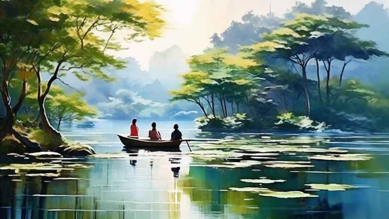 荷花池塘墨水风格插画 8