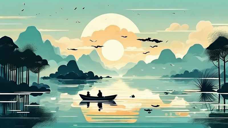 荷花池塘墨水风格插画 12