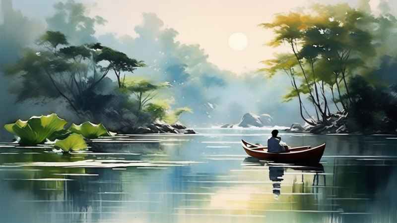 荷花池塘墨水风格插画 7