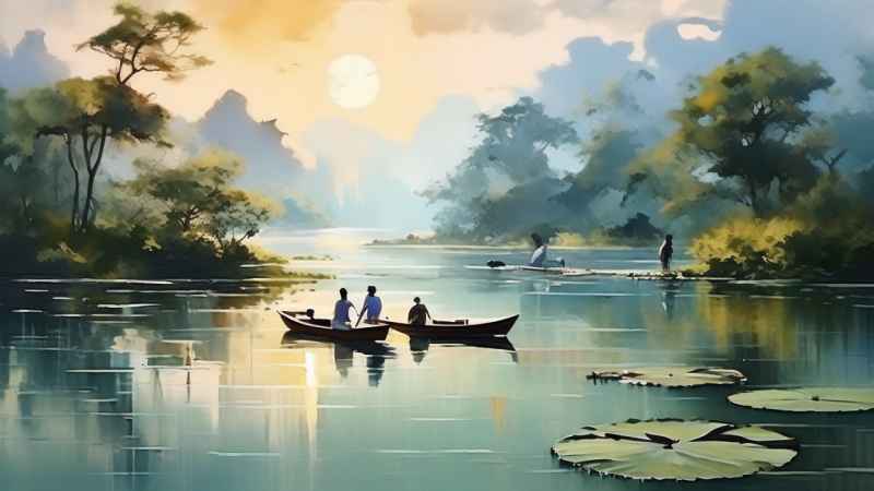 荷花池塘墨水风格插画 10