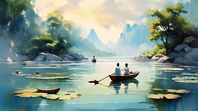 荷花池塘墨水风格插画 9