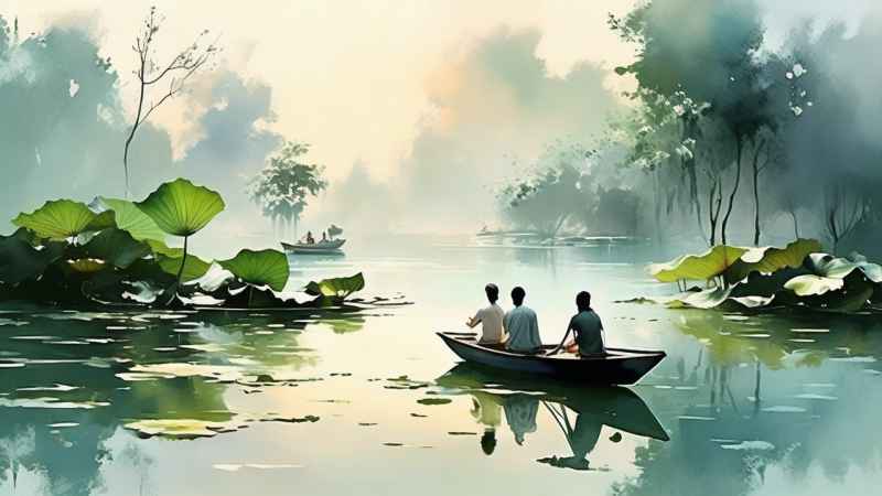 荷花池塘墨水风格插画 16