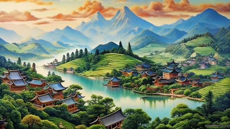 青山绿色村庄插画 1